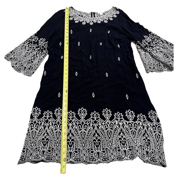 SUNDANCE Palace Shift Midi Dress Black Bell Sleeve Embroidered Scallop Hem Small - Picture 5 of 14